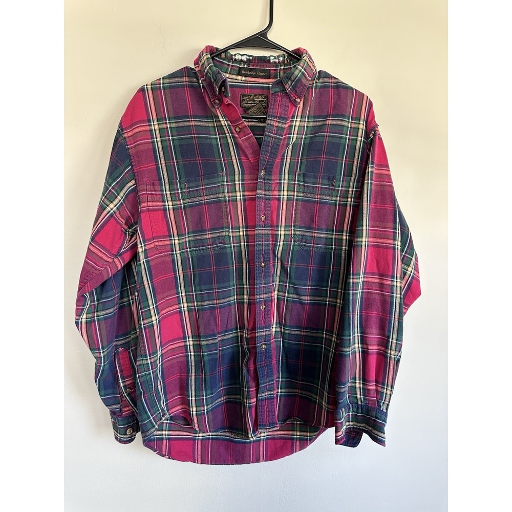 Eddie Bauer Bainbridge Flannel Shirt‎ Mens MEDIUM Burgundy Green Tartan Plaid